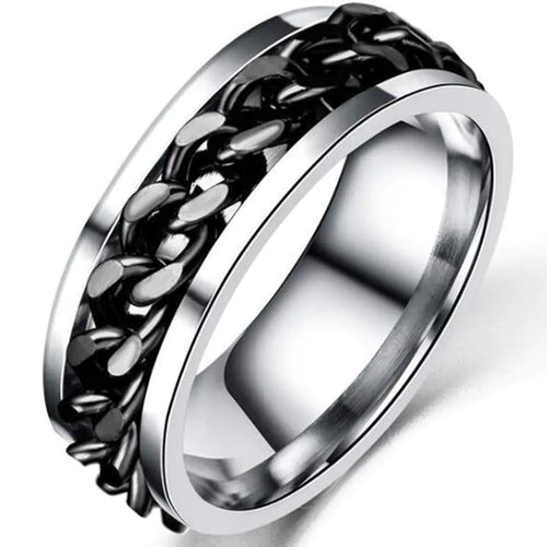 8mm Stainless Steel Chain Inlay Wedding Band Biker Ring (Black 6)