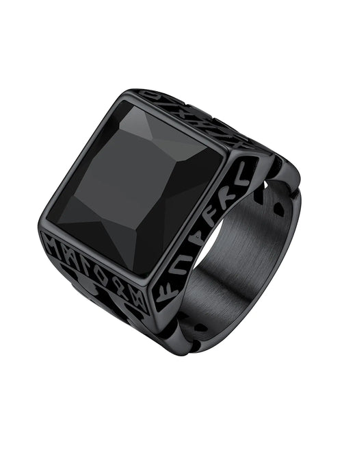 Bestyle Retro Black Signet Ring for Men — Black Onyx Pinky Ring, Vintage Rune‑Inspired Chunky Cuban Link Design (Size 14)